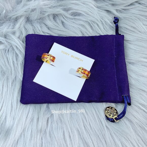 Tory Burch Kira Enamel Huggie Hoop Earring Shiny Hematite - Picture 2 of 6